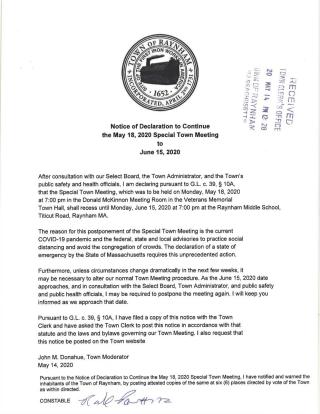 Special Town Meeting of May 18, 2020 changed to June 15, 2020