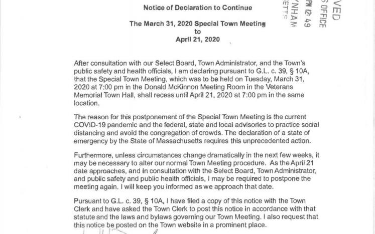Declaration to continue 3-31-2020 Special Town Meeting to 4-21-2020