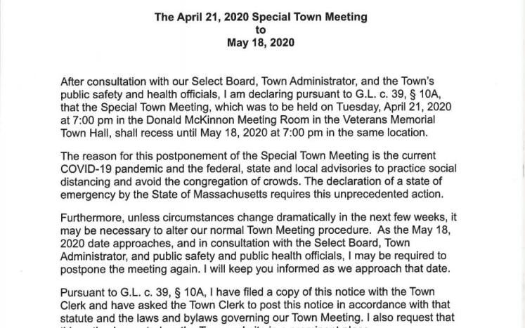 Special Town Meeting of April 21, 2020 changed to May 18, 2020